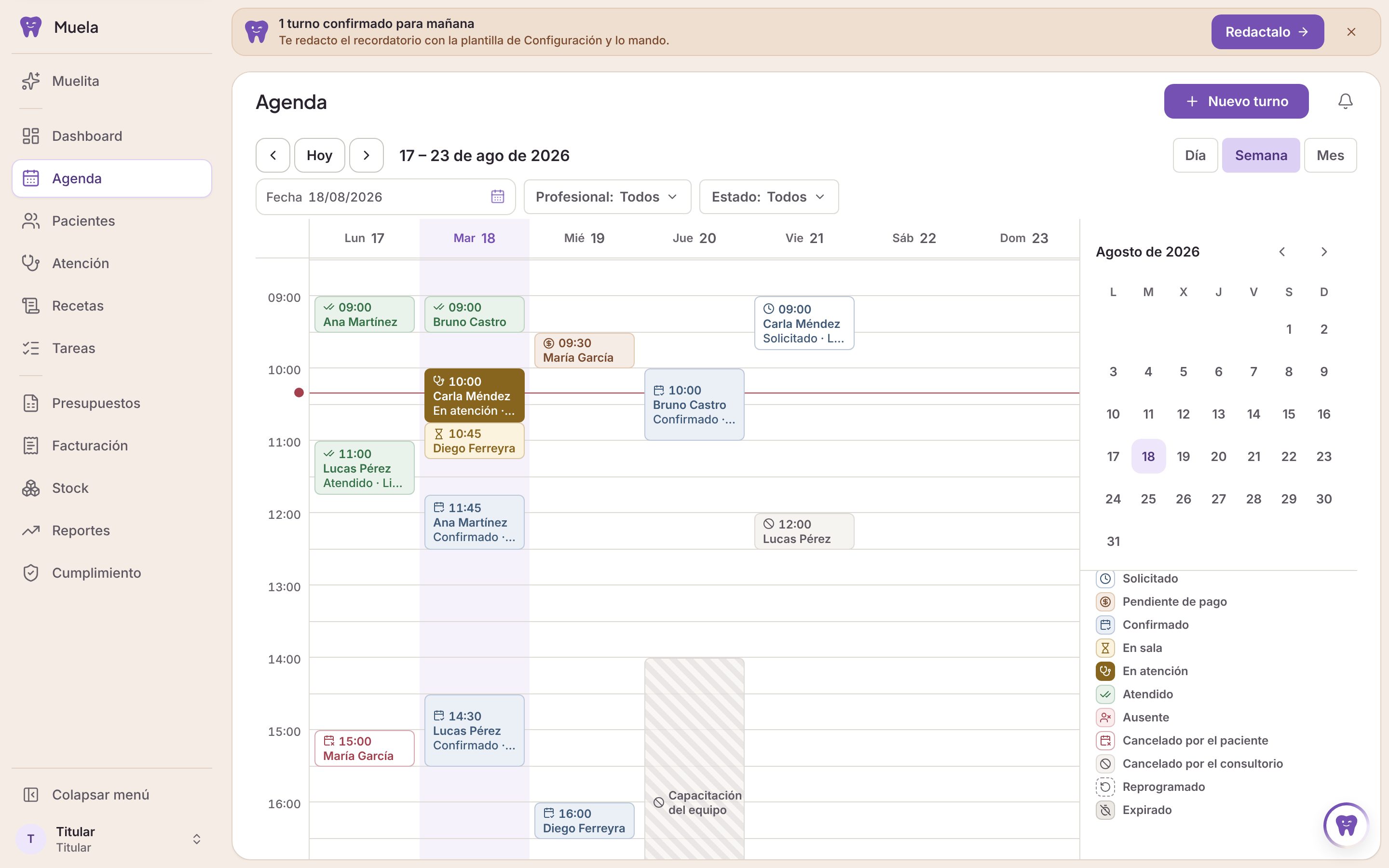 Agenda semanal de Muela: columnas por día con los turnos, los bloqueos del consultorio y lo que llegó de Google Calendar.