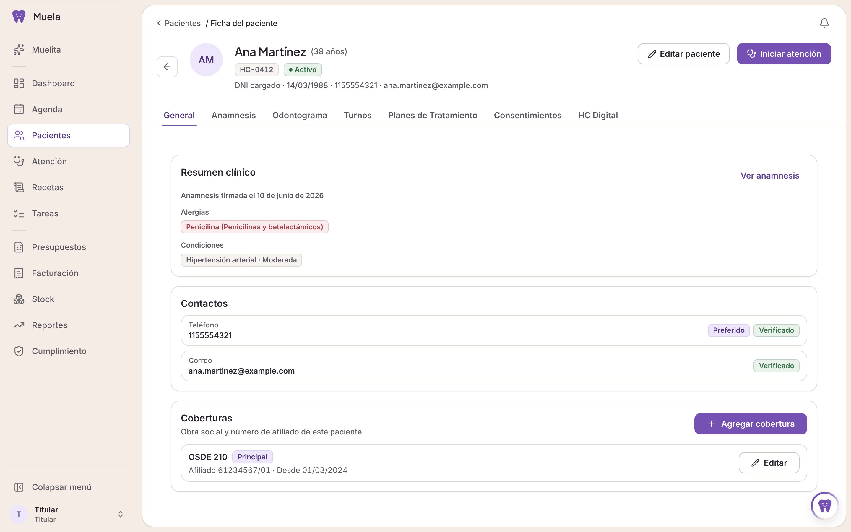 Ficha de un paciente en Muela: datos, anamnesis, evoluciones y turnos.